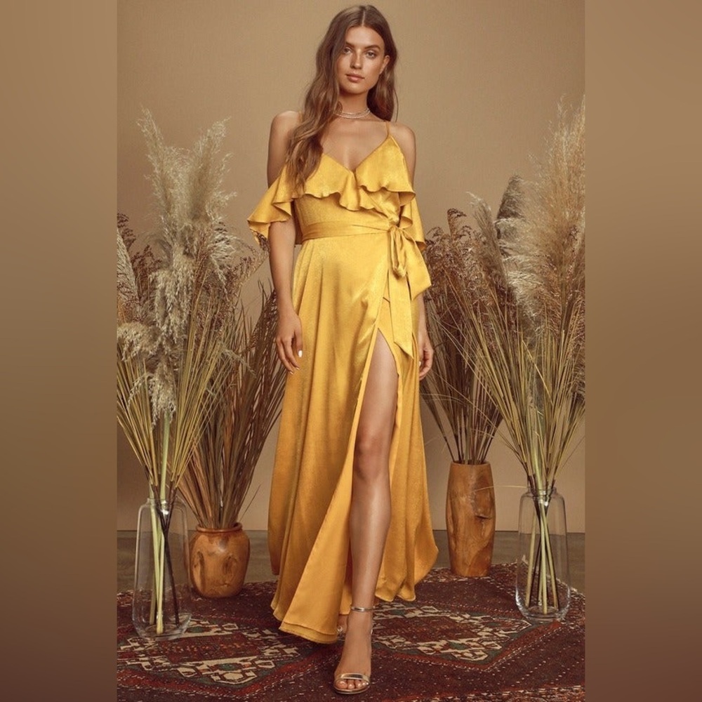 Moriah Mustard Yellow Satin Wrap Maxi Dress